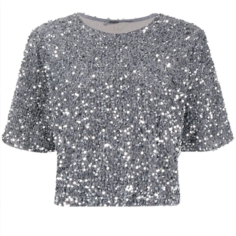 

Female New Sequin Velvet Short Sleeve Tops High Quality Round Neck Loose Pullovers Heavy Industry 2 Colors Y2K Clothes For Women
