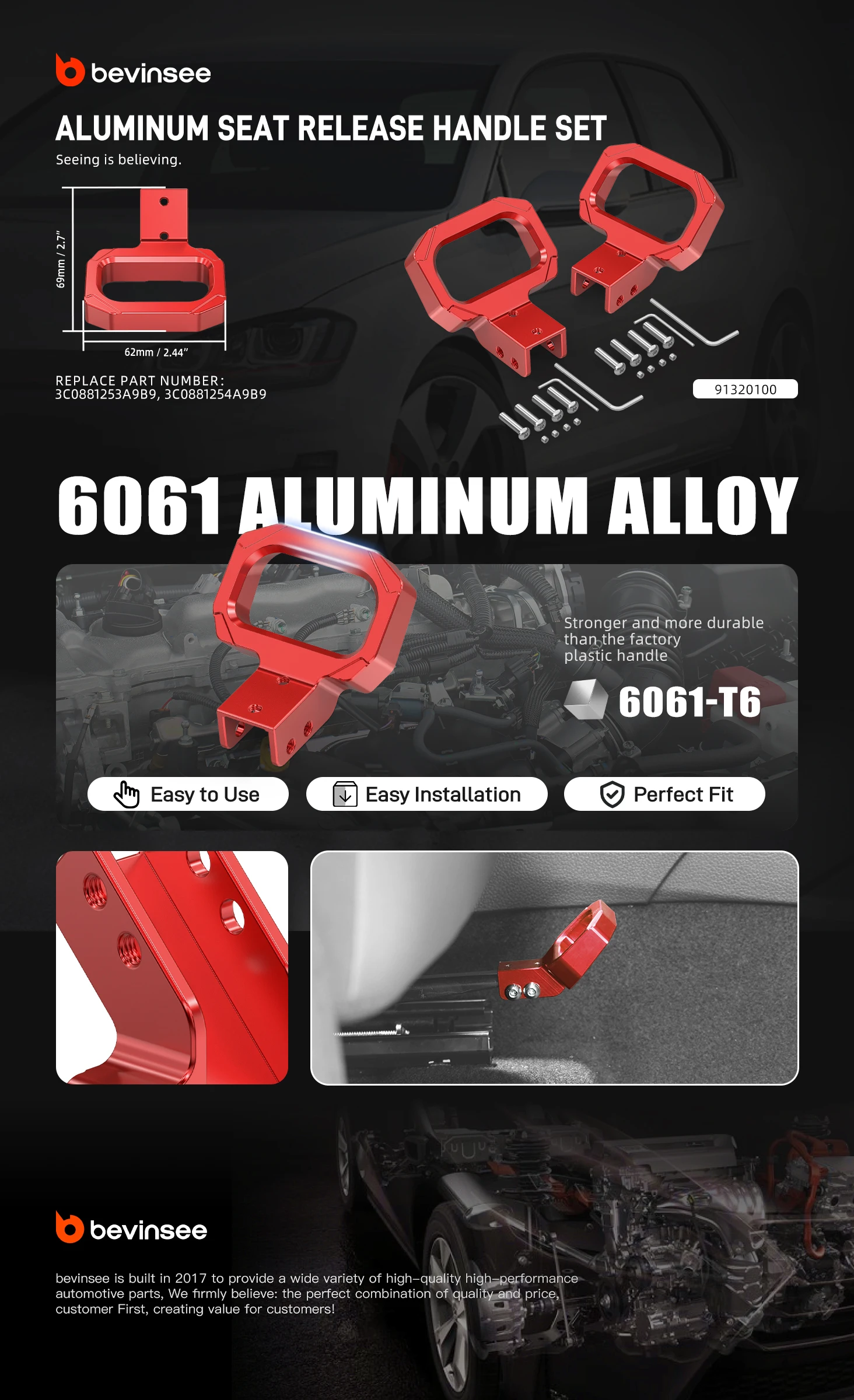 BEVINSEE Sitzentriegelungsgriff für VW Caddy für Golf MK7 MK6 MK5 für Passat CC für Polo 9N für Amarok, für Audi Q3 Q5 A1 TT TTRS – Detail 1