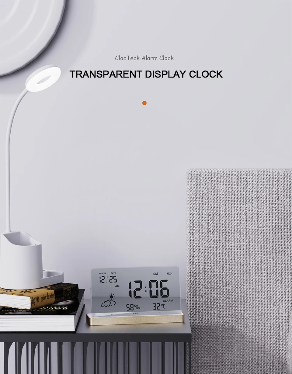 Description Picture 2 of itemCreative Transparent Digital Clock Temperature/Humidity/Date/Weather Display Electronic Table Alarm Clock Desktop Decor Ornament