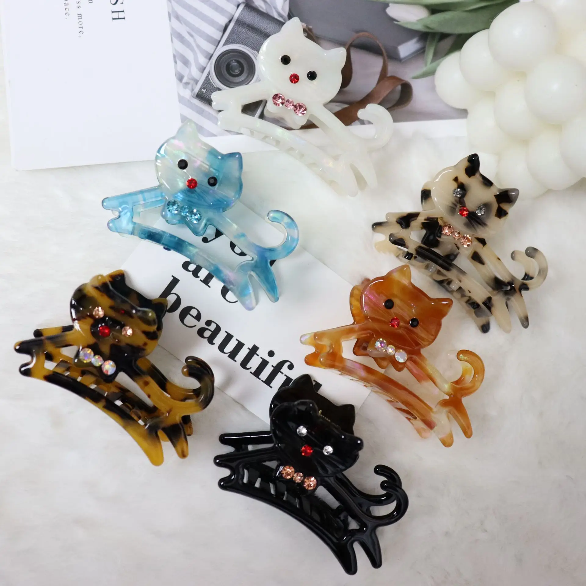 1 Stück Premium-Gefühl 6cm Acetat Haars pange mittel niedlich Haustier Hai Clip mit Strass Katze Maus Kratz clip