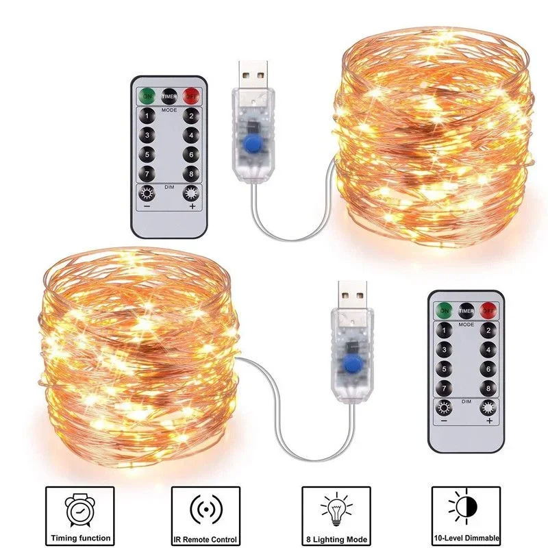 

Christmas Decoration Holiday Party Light 8 Mode Remote Control LED Copper Wire Light Fairy Light Home Garden Wedding Lamp String