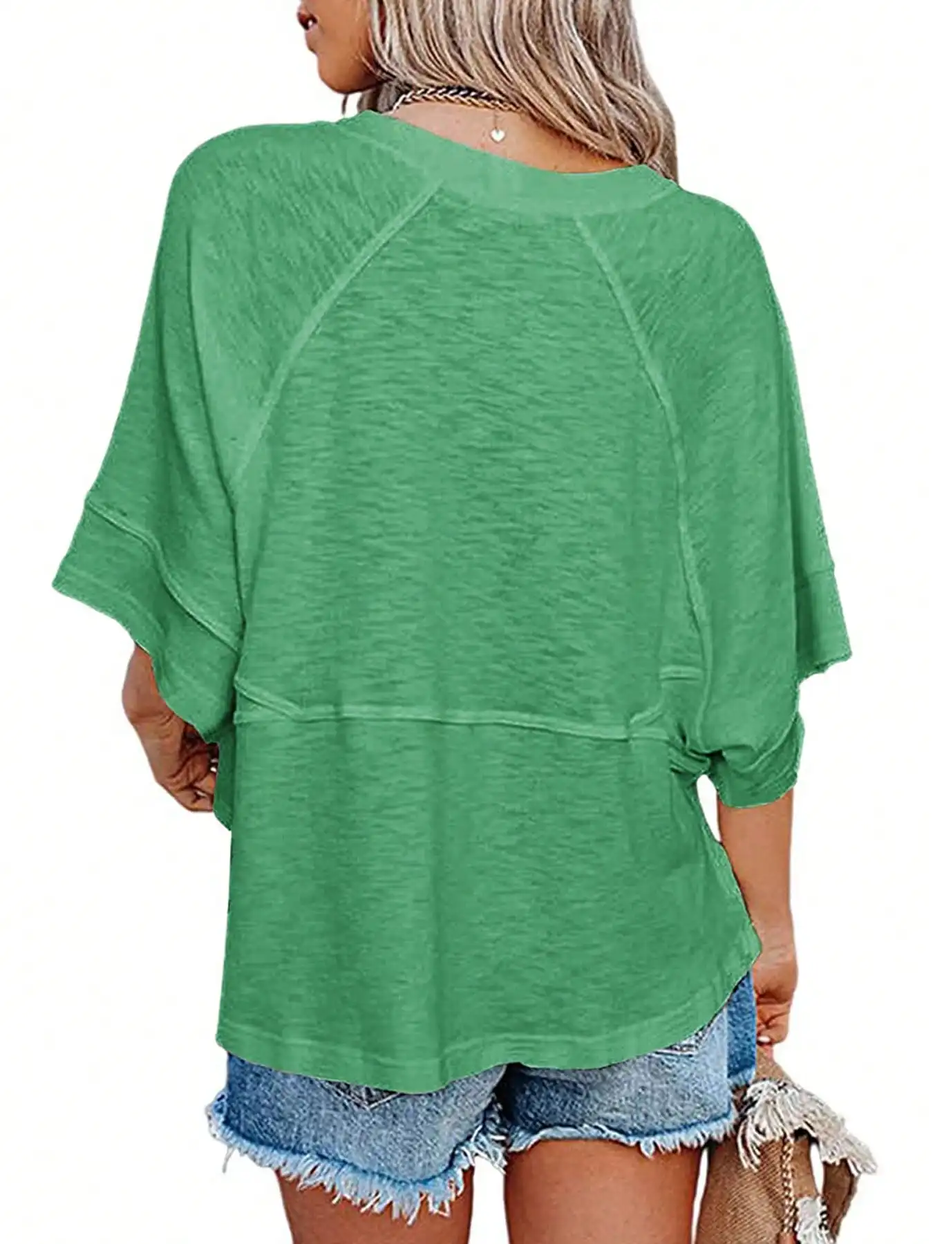 Women's Summer New Crewneck Batwing Half Sleeve Tops Solid Color Loose Fit Cute Flowy Tee Shirts Casual Dressy Cropped Blouse 2