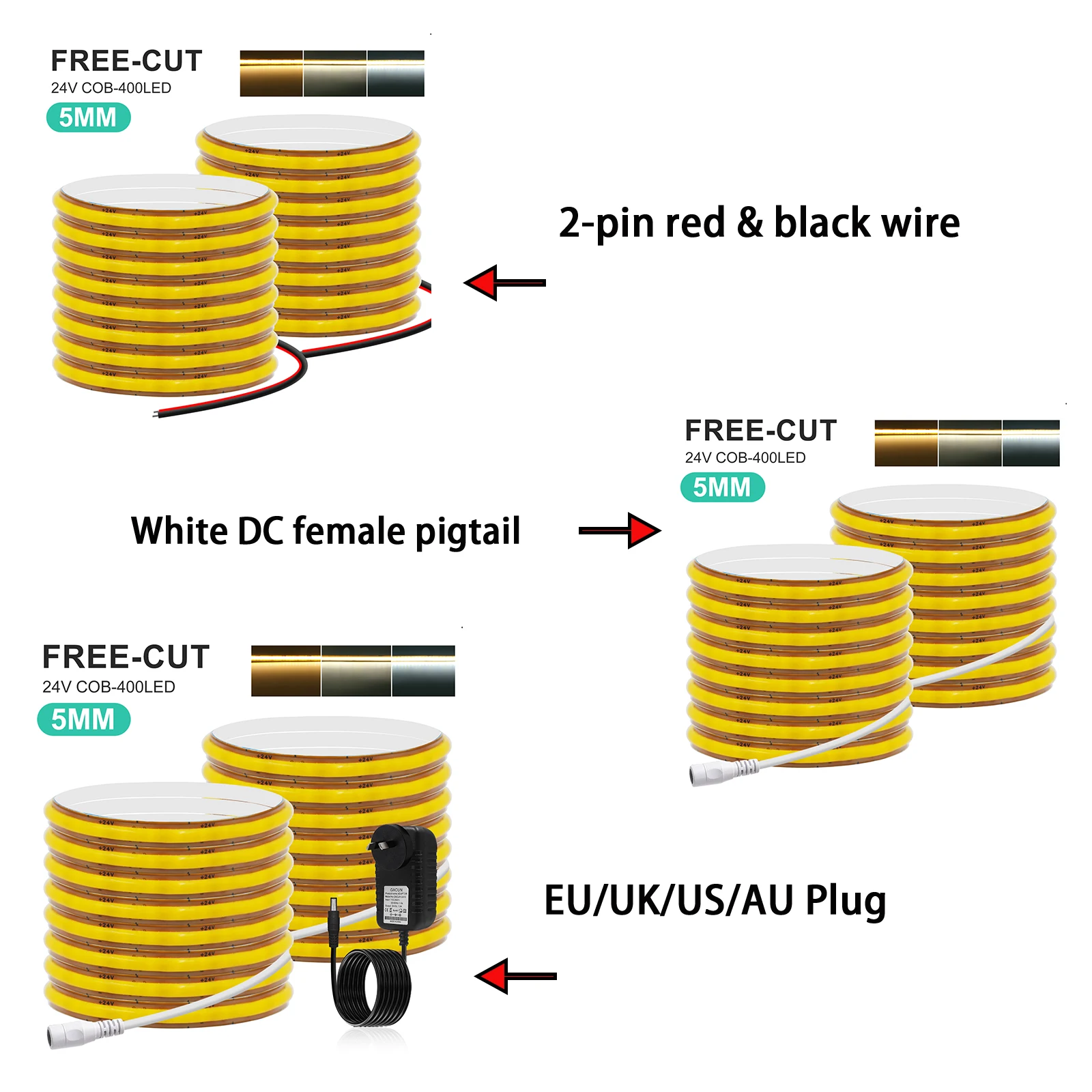 프리컷 5mm PCB COB LED 스트립 라이트 400LED/m 24V RA90 플렉시블 램프 3000K 4000K 6000K DC 미국/영국/호주/유럽 전원 플러그 2핀 와이어 포함