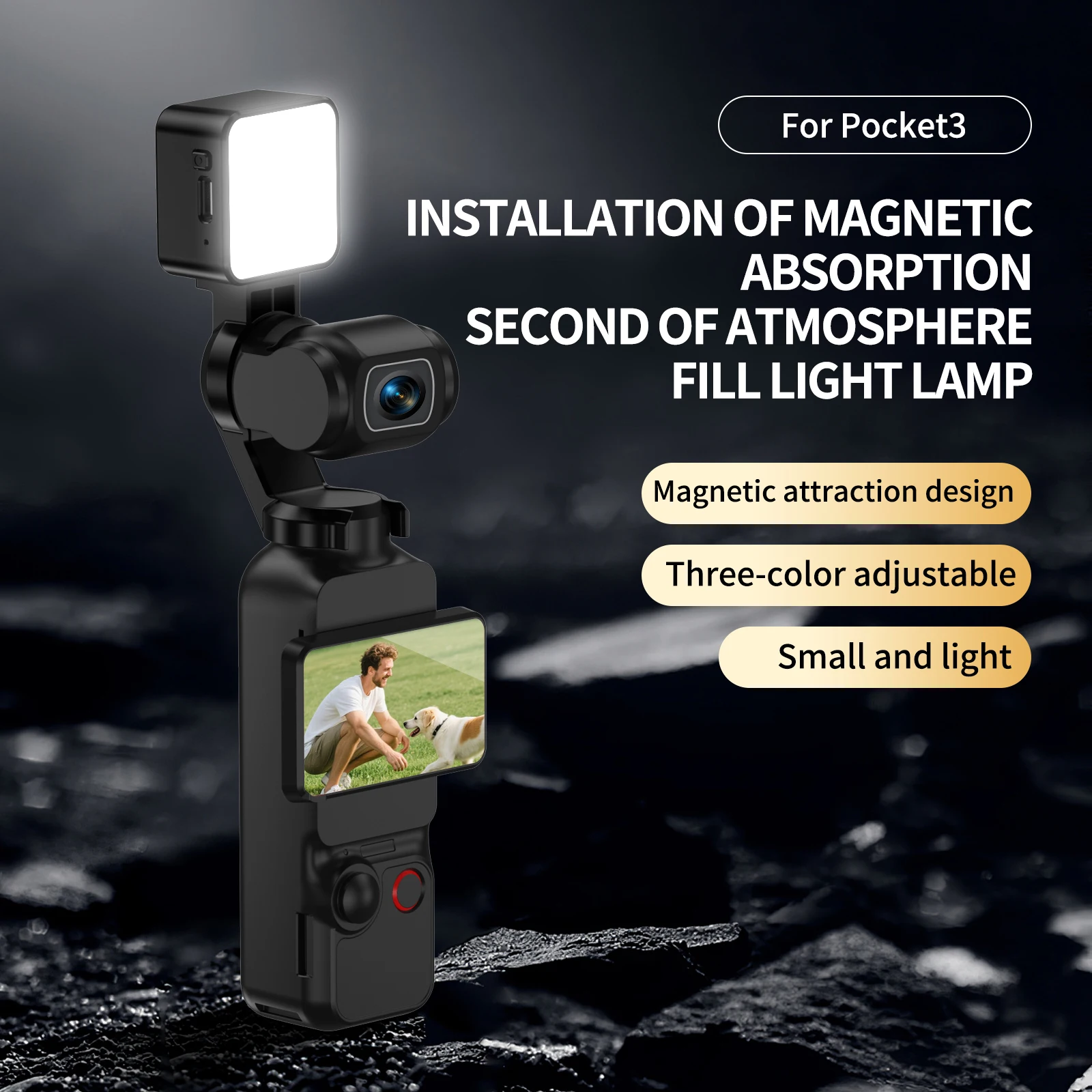 Kit Lumière Magnétique 3 Couleurs pour DJI Osmo Pocket 3 montrant les trois modes de couleur en séquence.