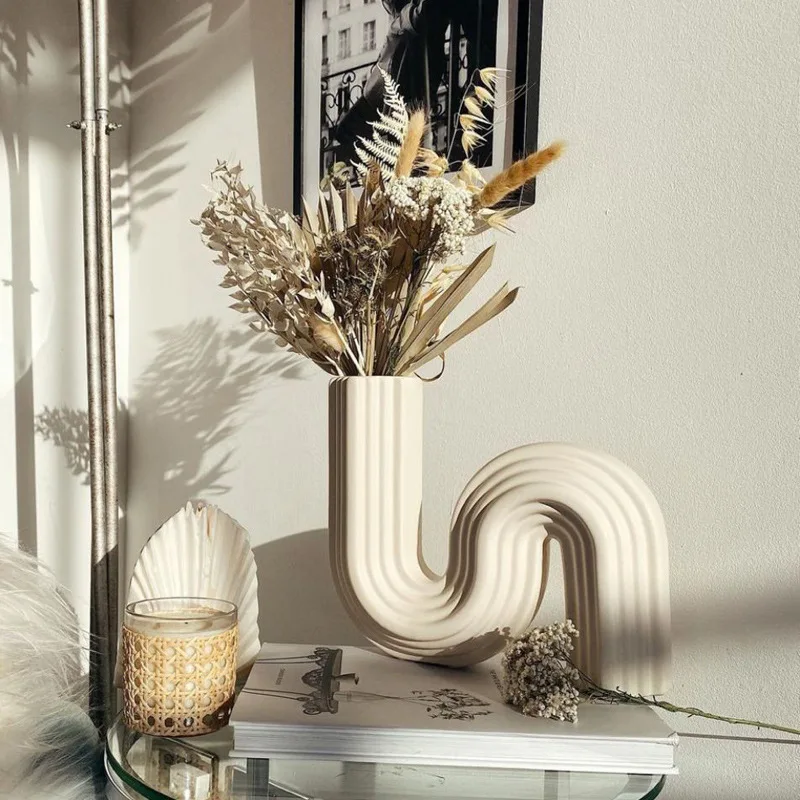 Vaso In Ceramica Bianco Geometrico Retrò - Decorazione Moderna Per Soggiorno, Bagno, Tavolo