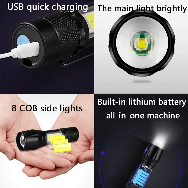 1 2 4pcs Mini LED Flashlight USB Rechargeable Mini Led Flashlight Zoomable High Power Outdoor Camping Portable Light