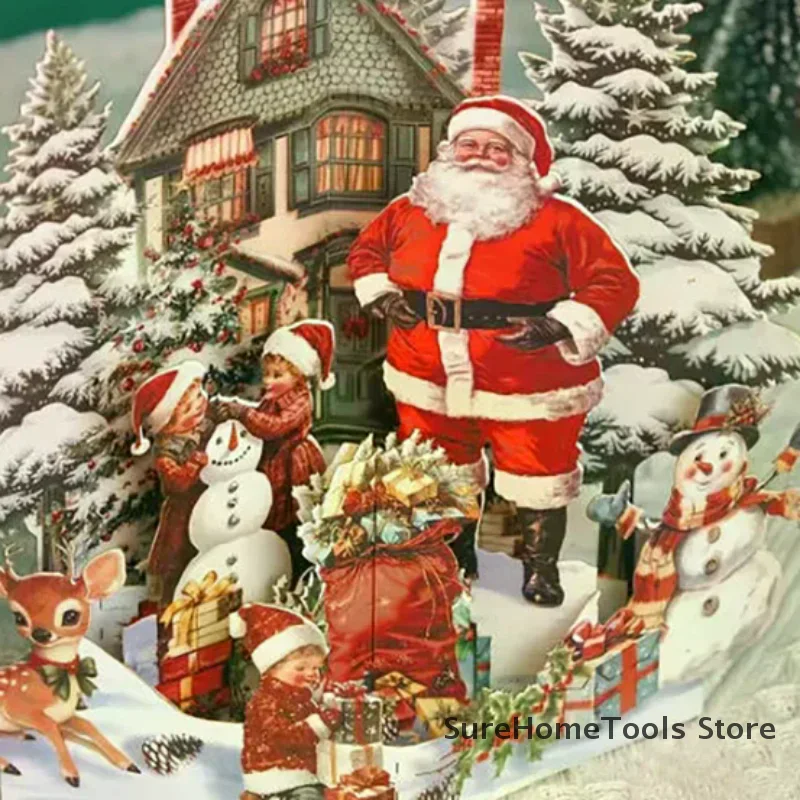3D Christmas Card Night Before Christmas Scene With Santa, Reindeer, Snowy Village & Moonlit Sky Festive Holiday Greeting Card F