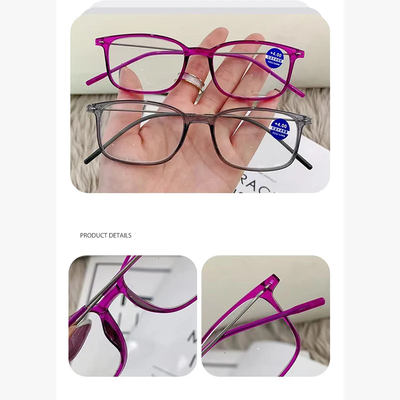 Quadratische Vollrand-Lesebrille für Damen, Vintage, ultraleicht, dünne Bügel, Presbyopie-Brille, Herren, Weitsichtigkeit +1,0+1,5+2,0+2,5+3,0 – Detail 6