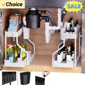 2 Tier Under Sink Organizer, Pull Out Cabinet Storage Shelf with Hooks & Hanging Cup, Space Saving Rack for Kitchen Bathroom 1