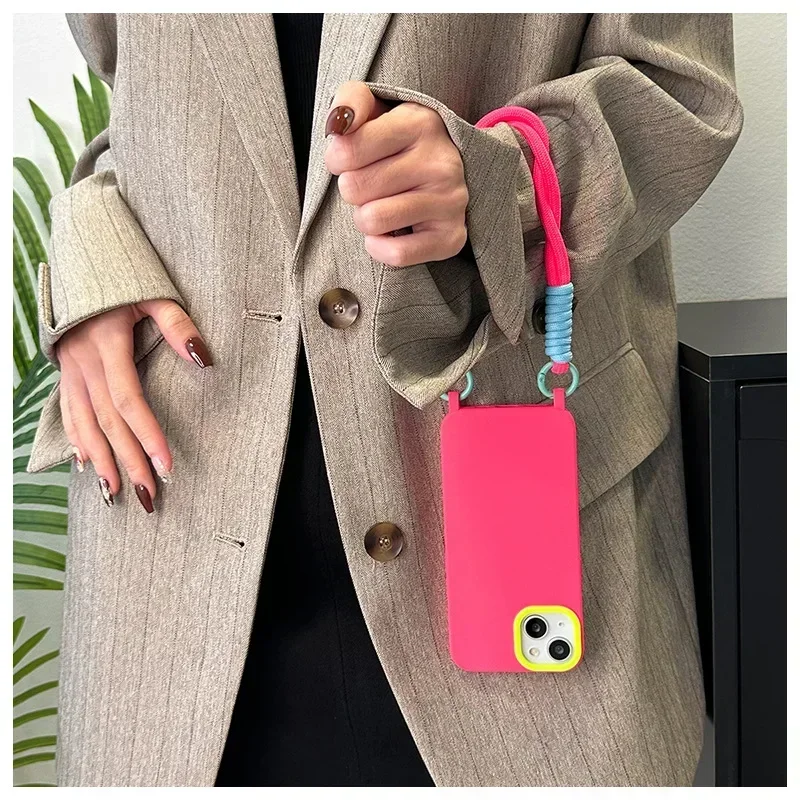 Fashion Lanyard Wrist Strap Soft Case for IPhone 16 15 14 Plus Pro Max 13 12 11 Anti-fall Protect Protection Shockproof Cover_voghion.com