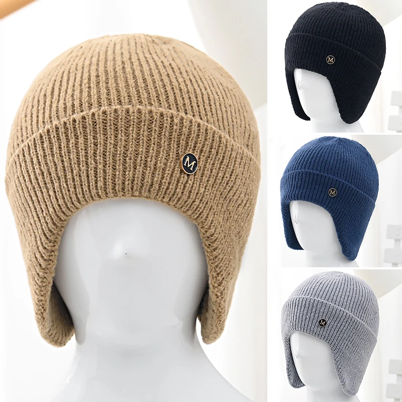

Casual Crochet Knitted Beanie Solid Color Fleece Lining Wool Hat Outdoor Ear Protection Skiing Caps Winter Warm Thicken Earflap