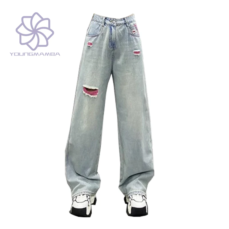 

Pocket Contrast Design Jeans Women 2023 New Fashion Straight Wide Leg Denim Pants Female High Waist Chic Trouser