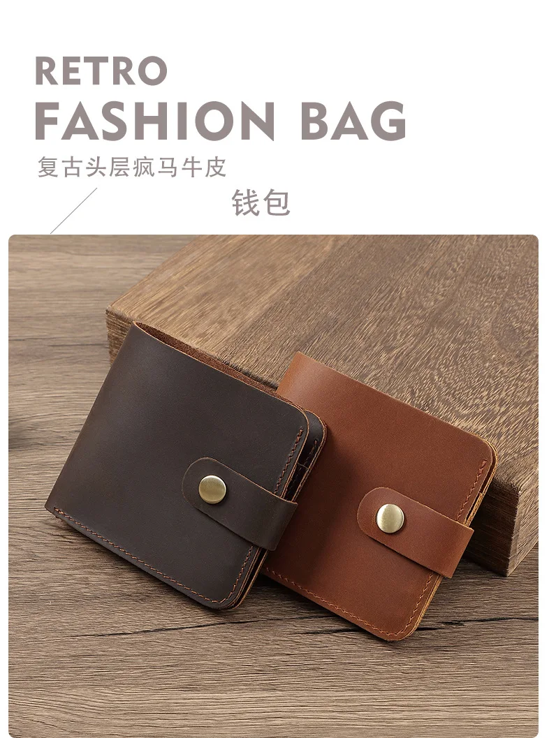 Minimalistische kurze Lederbrieftasche mit Druckknopf, echtes vollnarbiges Rindsleder, kompaktes Kreditkartenetui, Unisex Vintage Coin Pu – Detail 1