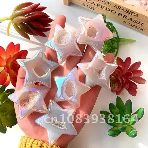 

Runyangshi Natural Quartz Crafts Electroplated Angel Aura Agate Cave Stars Shape Ornaments Energy Gift