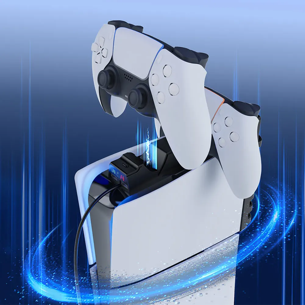 저소음 쿨러 선풍기 듀얼 컨트롤러 충전기 스테이션, RGB 조명 포함, PS5 슬림 콘솔 및 컨트롤러용 효율적인 냉각 시스템