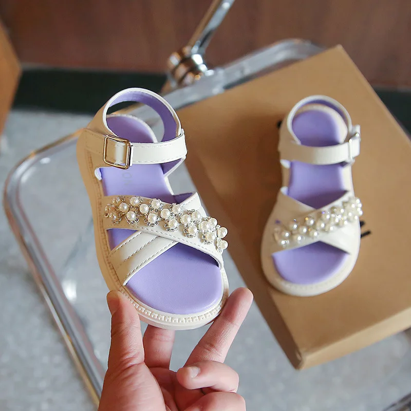 

Girls Sandals 2023 Summer New Pearl Girls Princess Sandals Student Fashion Non-slip Flat Kid's Performance Shoes Size 26-36 H36