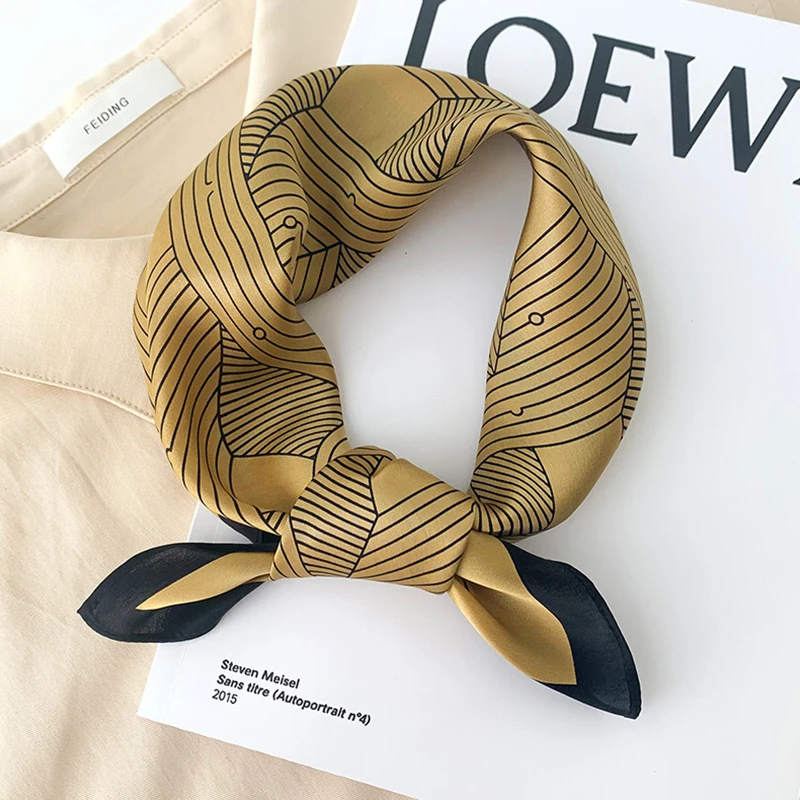 1pcs 70cm Striped Geometric Pattern Silk Scarf for Women Imitation Silk Fresh and Versatile Headwear Clothing Square Scarf 2