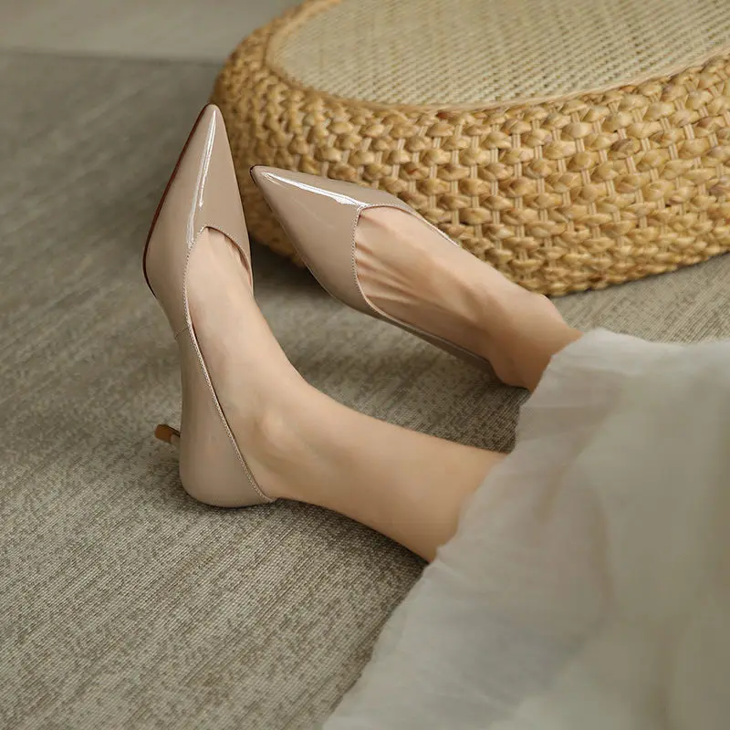 Patent Leather Pumps Women Stiletto Professional Shoes 2023 New Gray Pointed High Heels Mid-heel Women's Shoes 3