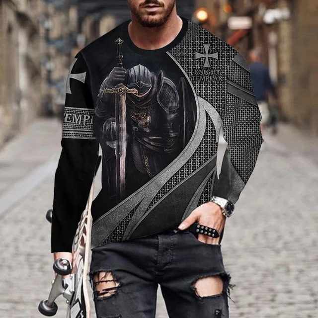 Vintage Printed Samurai Long Sleeve T-shirt Templar 3d Pattern European And American Style Men's Spring Imitation Cotton Shirt 5