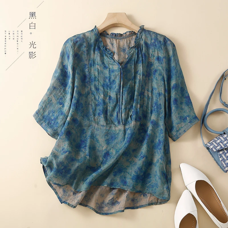 

2023 Summer New Arts Style Women Short Sleeve V-neck T-shirt Vintage Print Cotton Linen Tee Shirt Femme Loose Tops C291