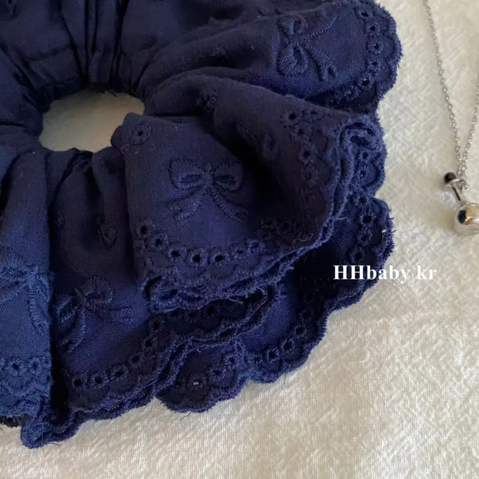 1PC Korean Niche Ballet - Style Navy Blue Bow Cotton Embroidered Chunky Hair Scrunchie, High - End Retro Hair Accessory Hair Tie