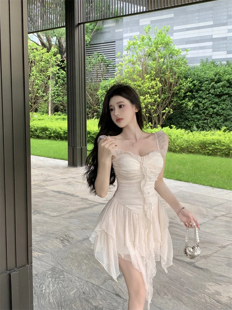 Y2K Irregular Ruffles Short Dresses for Women Spaghetti Strap High Waist A-line Summer New Korean Fashion One Piece Party Dress