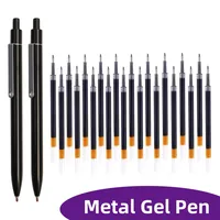 Stainless Steel Metal Retractable Gel Pens 0.5mm Fine Point Black ink Ballpoint Signature Pen with Replaceable Blue Refills 1