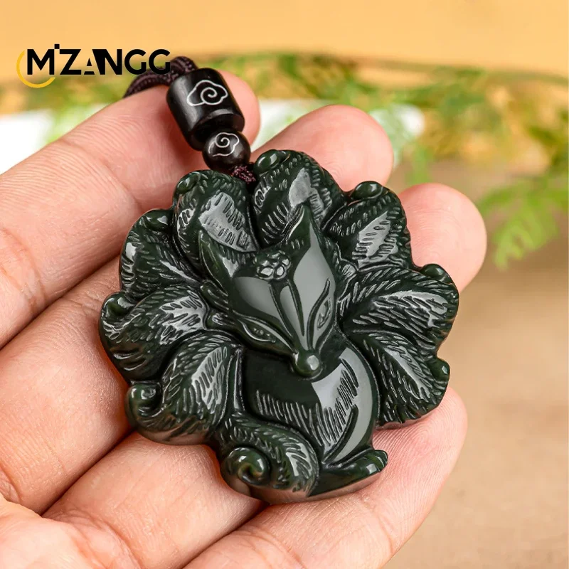 Natural Hetian Jade Ink Jade Nine-tailed Fox Pendant Hand-carved