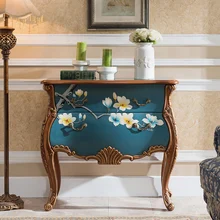 

American Country Entrance Cabinet Painted Vintage Blue Two-Bucket Carved Corridor End Decoration Hand Painted Magnolia Pattern