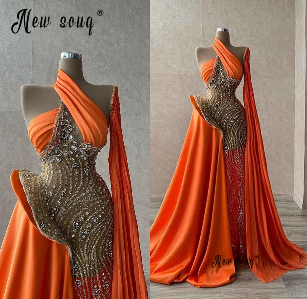 

Arabic Orange Long Cape Sleeve Crystals Prom Dresses for Black Girls Party Gowns 2022 African Luxury Evening Dress De Soiree