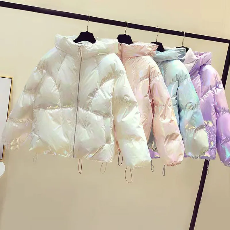 2024 Winter Bright Color Down Jacket Women White Zippers Loose Veet Parkas Coat Female Solid Thickening Warm Cotton Jackets