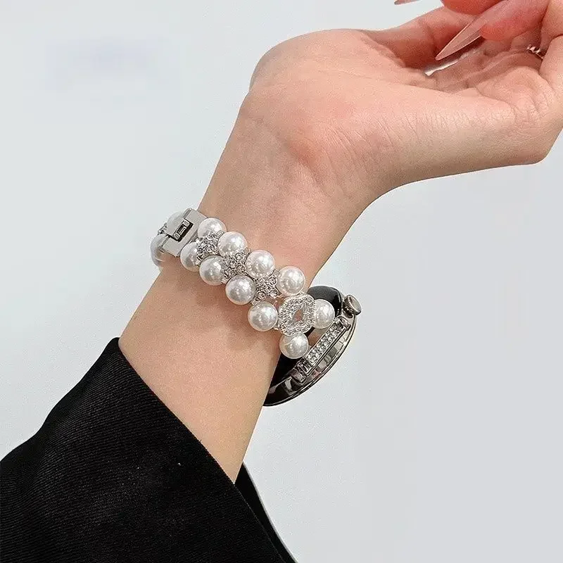 Diamond Studded Four Leaf Diamond Pearl Strap