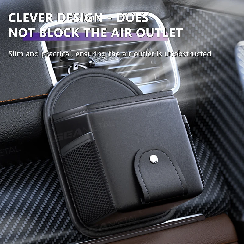 Black PU Leather Car Air Vent Storage Bag with Magnetic Glasses Holder