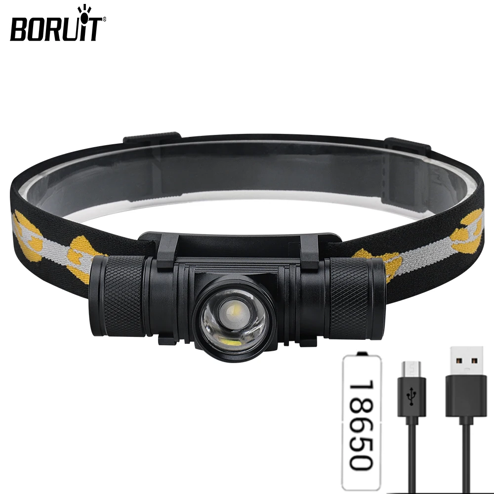 Головной фонарь BORUiT D20 с зумом, аккумулятором 18650, USB-зарядкой, водонепроницаемый Головной фонарь, для рыбалки, кемпинга, охоты