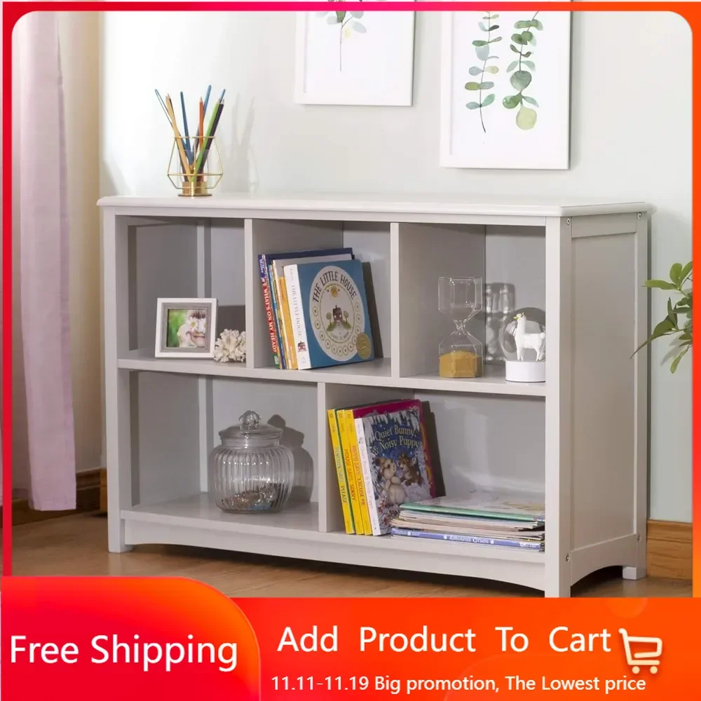 Classic Kids Bookshelf-Gray: Wooden 5-Compartment Storage Shelving Unit for Toys, Books, Paper, TV, and Bins-Children's