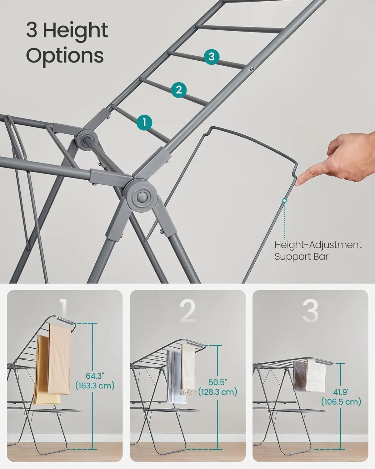 Clothes Drying Rack, Foldable 2-Level Laundry Drying Rack, Free-Standing Laundry Airer, with Height-Adjustable Wings