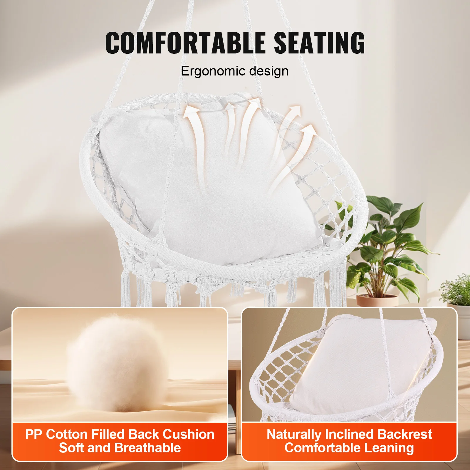 Hanging Hammock Swing Chair 330lbs Macram&eacute; Hanging Chair Cotton Rope Swing for Bedroom Balcony Patio Garden White