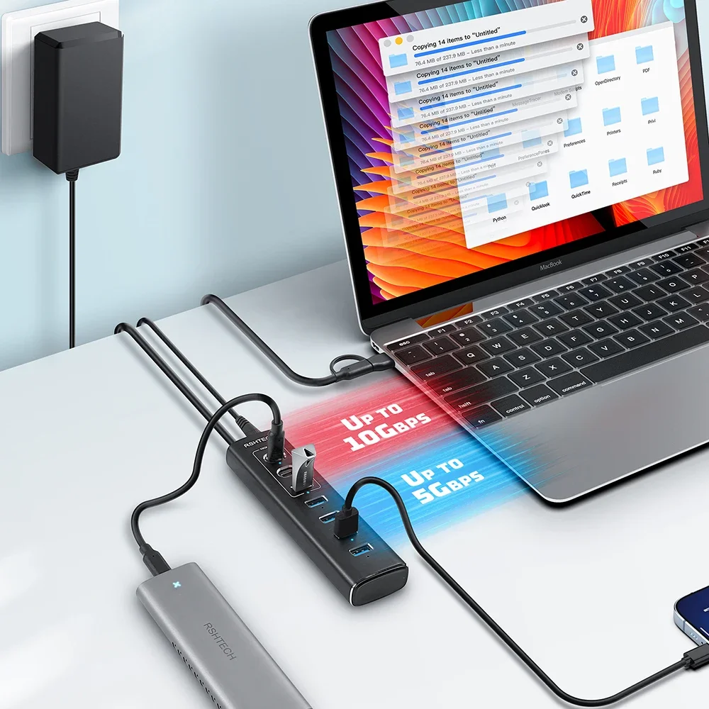 RSHTECH Powered USB Hub 7Port 10Gbps USB 3.2 Type C Individual ON/OFF Switches Adapter Aluminum USB Expander for Laptop PC 3