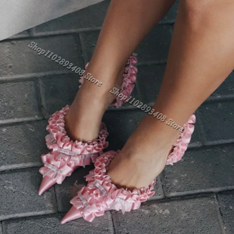 

Pink Rhinestone Bowknot Trim Lace Sandals Stiletto Pointed Toe Stylish Sweet Style Dance Dress Women Shoes Zapatos Para Mujere