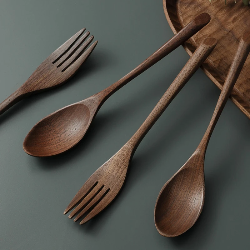 Black Walnut Spoon Wooden Kitchen Accessories Eating with Household High-grade Coffee Wooden Spoon Solid Wood Tableware Set