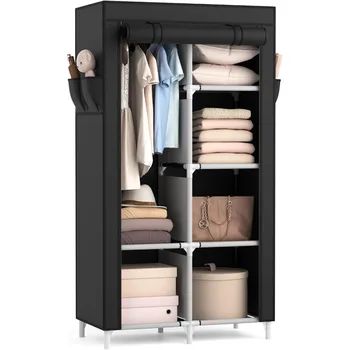 Portable Closet Wardrobe Closet for Hanging Clothes with 6 Storage Shelves, 1 Hanging Rod and 4 Pockets, Free Standing Closet C 1