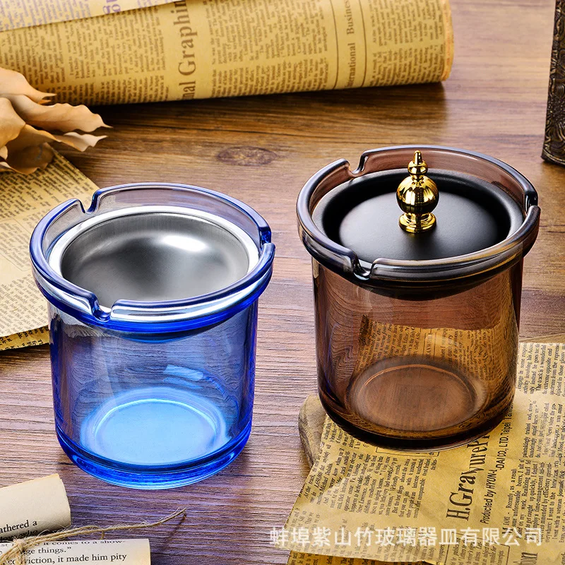 

Windproof Ashtray with Cover for Home Living Room Office Thickened Creative Glass Ashtray to Prevent Fly Ash