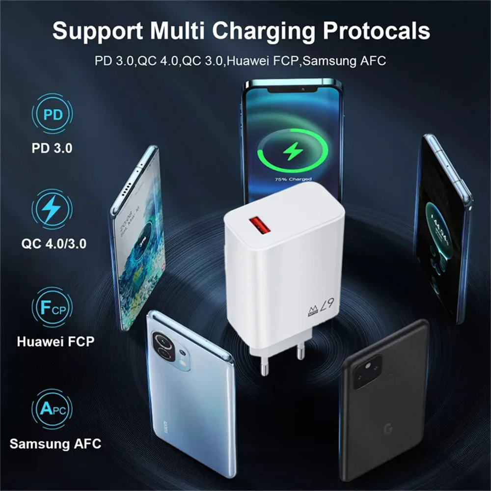 67W GaN USB Fast Charger with 6A Quick Charge Type C Cable For iPhone Xiaomi Samsung Huawei Mobile Phone Charger Power Adapter SHOP