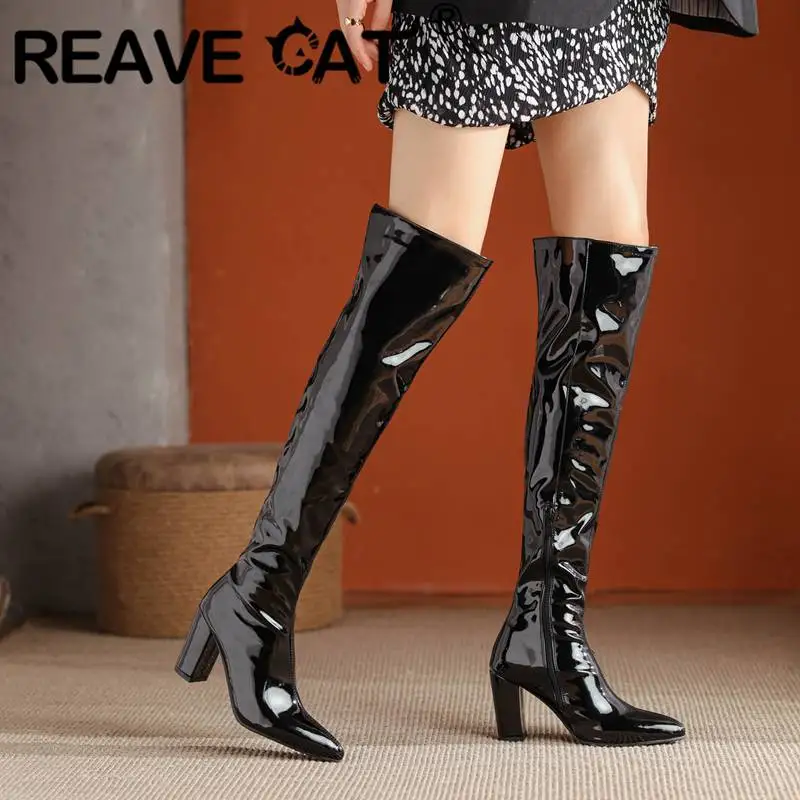 

REAVE CAT Ladies Thigh Boots 53cm Patent Pointed Toe Chunky Heels 7cm Zipper Large Size 32-46 Sexy Party Shoes 2022 Winter S4261