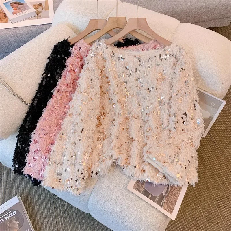 

Korean Spring Tasseles Women Shirts 2023 New Round Neck Designed Sequined Fuzzy Casual Tops Elegant Furry Solid Color Sweaters