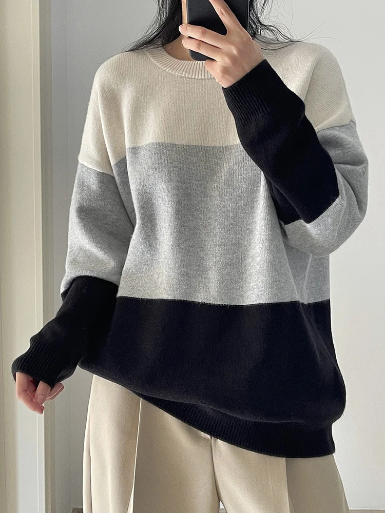 

Korean Version Contrast Color Stripe Knitted Pullover Sweater Round Neck Long Sleeve Loose Tops Autumn Winter M204