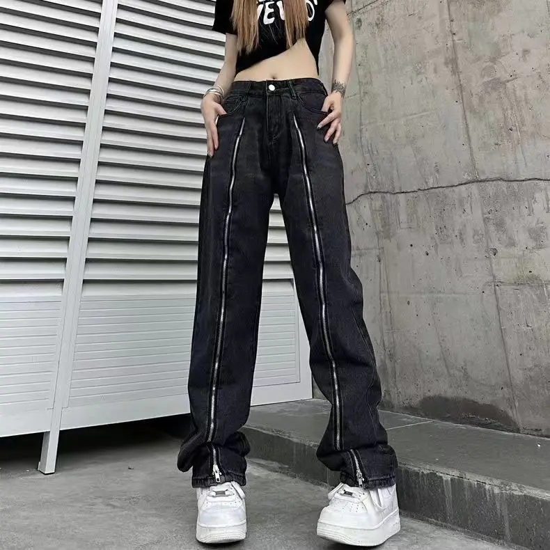 

Streetwear Fashion Women High Waist Jeans Pants Wide Leg Straight Loose Zipper Up Plaid Denim Trousers Y2K Black Baggy Pants