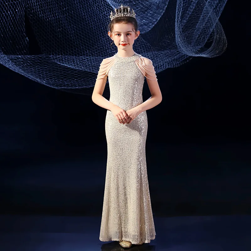 

Girls Sequined Tassel Stitching Evening Gown Kids Catwalk Mermaid Princess Dress Birthday Party Dress For Child Vestidos y242