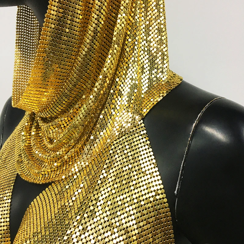 AKYZO Women's Metal Suspender Top Backless Halter Neck Sequins Tank Top Turban Nightclub Sexy Summer 2 Pcs Set 