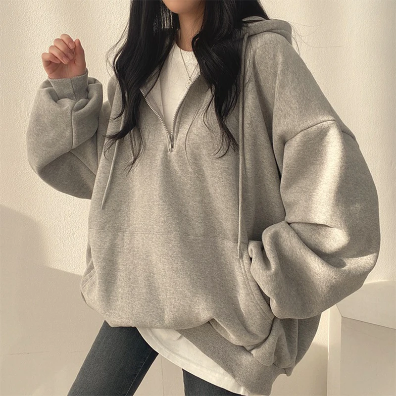 HOUZHOU 여성용 가디건 후디 스트리트웨어, 회색 하라주쿠 오버사이즈 탑 맨투맨, 여성 캐주얼 긴팔 포켓 후드 코트